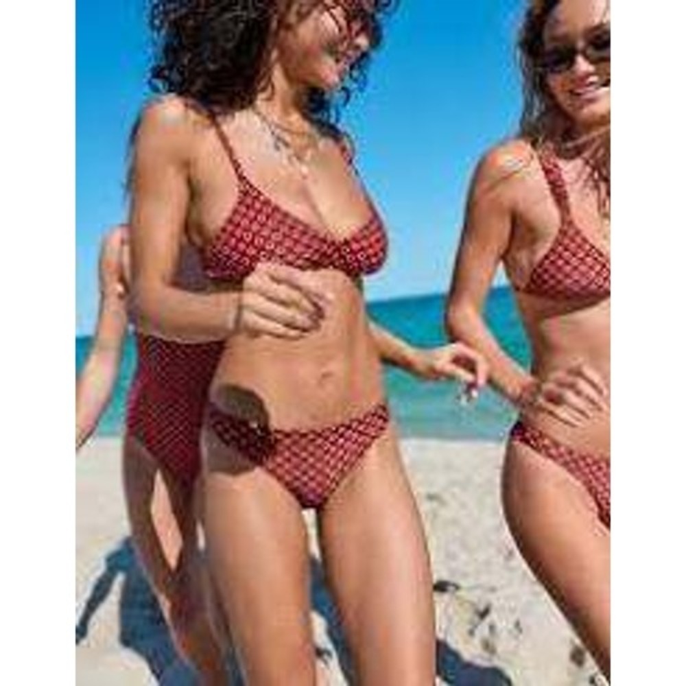 Aerie Red White Floral Daisy Bikini Set Triangle Top & Bottoms Small